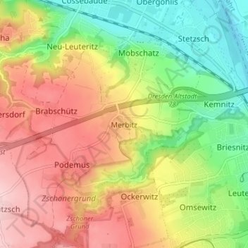 Topografische kaart Merbitz, hoogte, reliëf