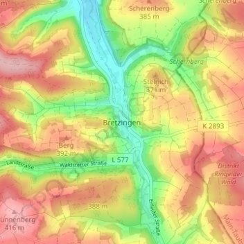 Topografische kaart Bretzingen, hoogte, reliëf