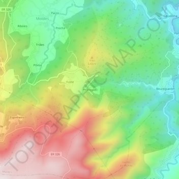 Topografische kaart Pedrogão, hoogte, reliëf
