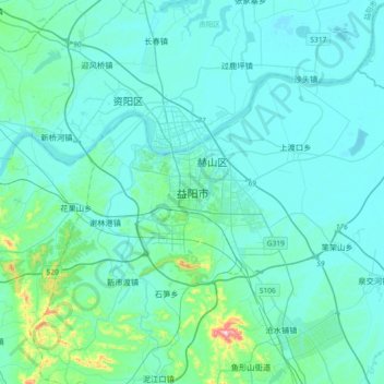 Topografische kaart Yiyang, hoogte, reliëf