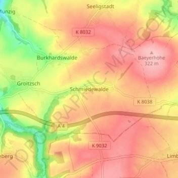 Topografische kaart Schmiedewalde, hoogte, reliëf