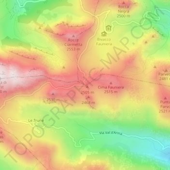 Topografische kaart Colle Fauniera, hoogte, reliëf