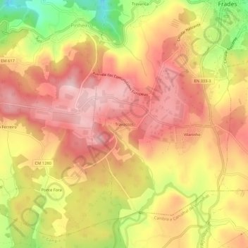 Topografische kaart Travassos, hoogte, reliëf
