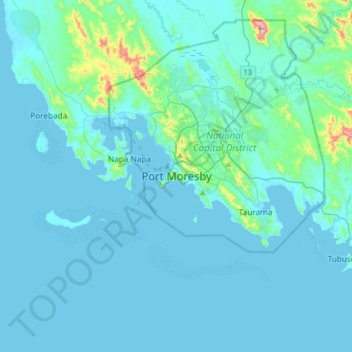 Topografische kaart Port Moresby, hoogte, reliëf