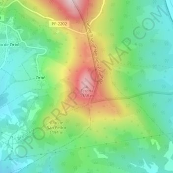 Topografische kaart Terena, hoogte, reliëf