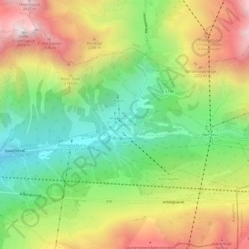 Topografische kaart Stuben, hoogte, reliëf