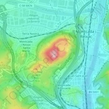 Topografische kaart Turó de Montcada, hoogte, reliëf