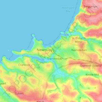 Topografische kaart Newquay, hoogte, reliëf