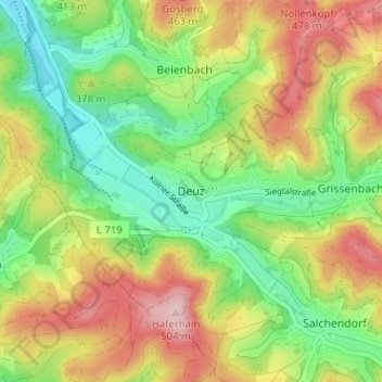 Topografische kaart Deuz, hoogte, reliëf