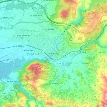 Topografische kaart Ponferrada, hoogte, reliëf