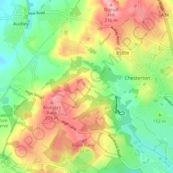 Topografische kaart Apedale, hoogte, reliëf