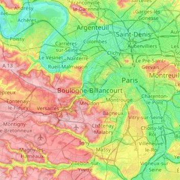 Topografische kaart Boulogne-Billancourt, hoogte, reliëf