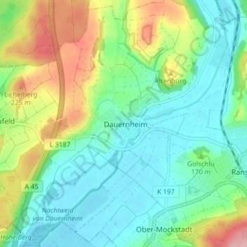 Topografische kaart Dauernheim, hoogte, reliëf