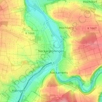 Topografische kaart Neckargröningen, hoogte, reliëf