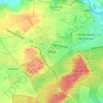 Topografische kaart Dölau, hoogte, reliëf