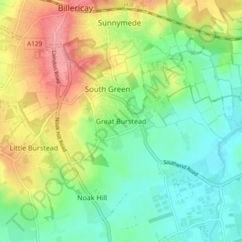Topografische kaart Great Burstead, hoogte, reliëf