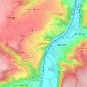 Topografische kaart Dornburg, hoogte, reliëf