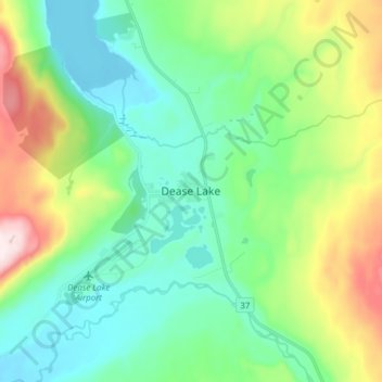 Topografische kaart Dease Lake, hoogte, reliëf