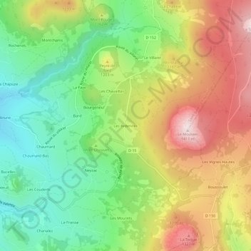 Topografische kaart Les Ardennes, hoogte, reliëf