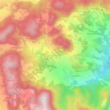 Topografische kaart Rocca di Roffeno, hoogte, reliëf