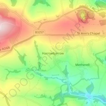 Topografische kaart Harrowbarrow, hoogte, reliëf