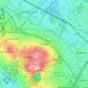 Topografische kaart Tividale, hoogte, reliëf