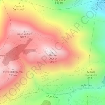 Topografische kaart Monte Cuccio, hoogte, reliëf