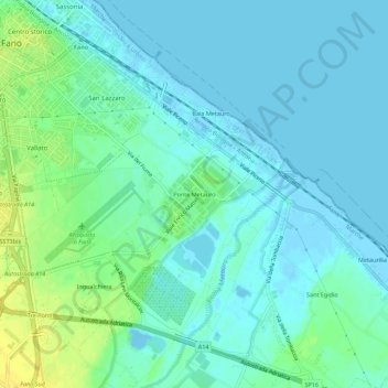 Topografische kaart Ponte Metauro, hoogte, reliëf