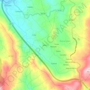 Topografische kaart Sabariz, hoogte, reliëf