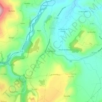 Topografische kaart Massagette, hoogte, reliëf