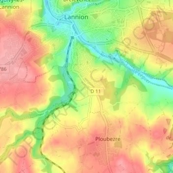 Topografische kaart Kerzevean, hoogte, reliëf