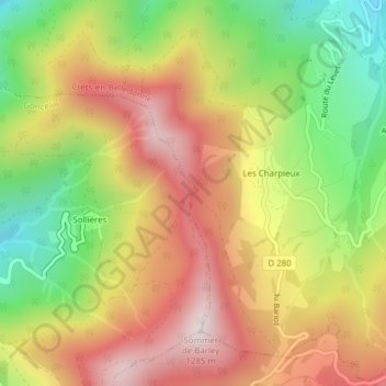 Topografische kaart Col du Crêt, hoogte, reliëf