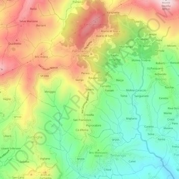 Topografische kaart Trivero, hoogte, reliëf