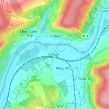 Topografische kaart Mézy, hoogte, reliëf
