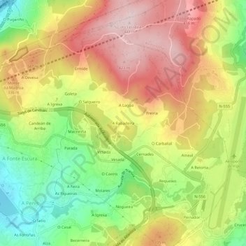 Topografische kaart A Rabadeira, hoogte, reliëf
