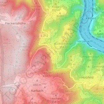 Topografische kaart Rheinbay, hoogte, reliëf