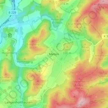 Topografische kaart Mellen, hoogte, reliëf