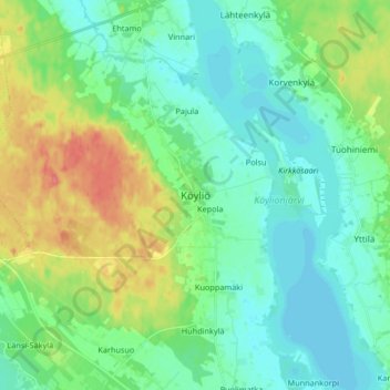Topografische kaart Köyliö, hoogte, reliëf