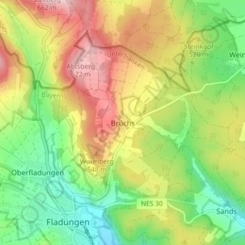 Topografische kaart Brüchs, hoogte, reliëf