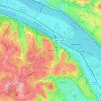 Topografische kaart Pittock, hoogte, reliëf