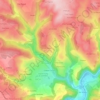 Topografische kaart Lachaux, hoogte, reliëf
