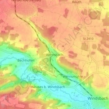 Topografische kaart Wernsbach, hoogte, reliëf