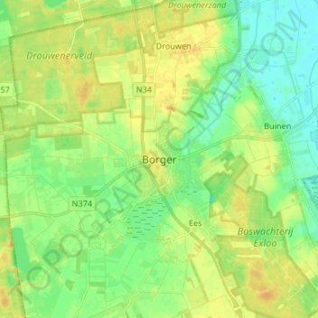 Topografische kaart Borger, hoogte, reliëf