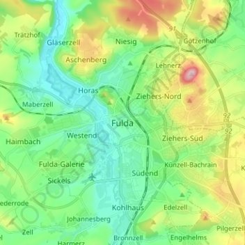 Topografische kaart Fulda, hoogte, reliëf