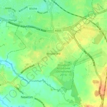 Topografische kaart Woodford, hoogte, reliëf