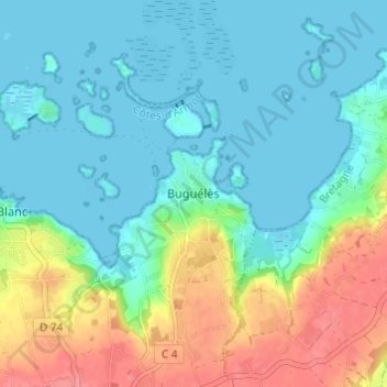 Topografische kaart Buguélès, hoogte, reliëf