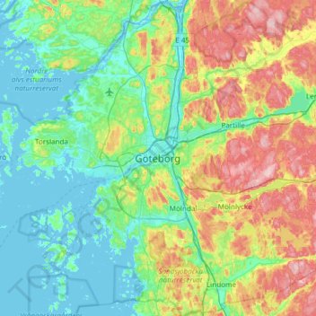 Topografische kaart Gothenburg, hoogte, reliëf