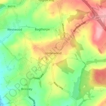Topografische kaart Underwood, hoogte, reliëf