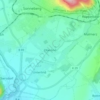 Topografische kaart Oberlind, hoogte, reliëf