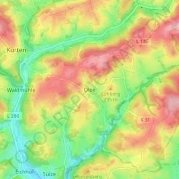 Topografische kaart Olpe, hoogte, reliëf